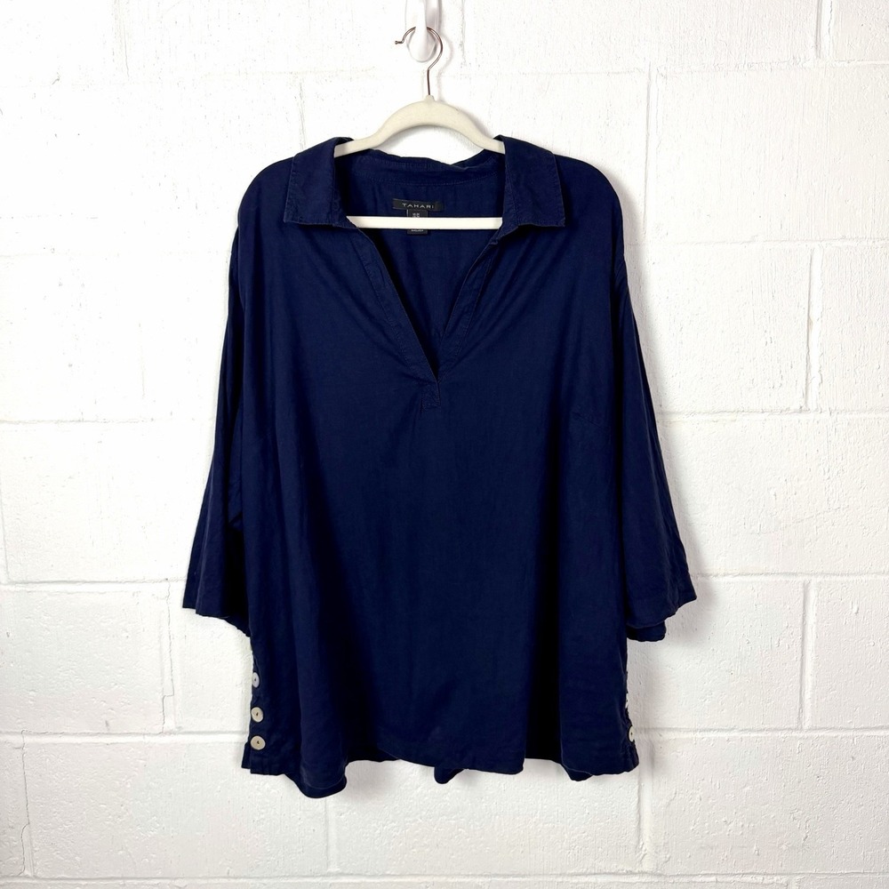 Tahari Linen Blend Popover Tunic Plus Size 2X Blue Minimalist Travel Lagenlook
